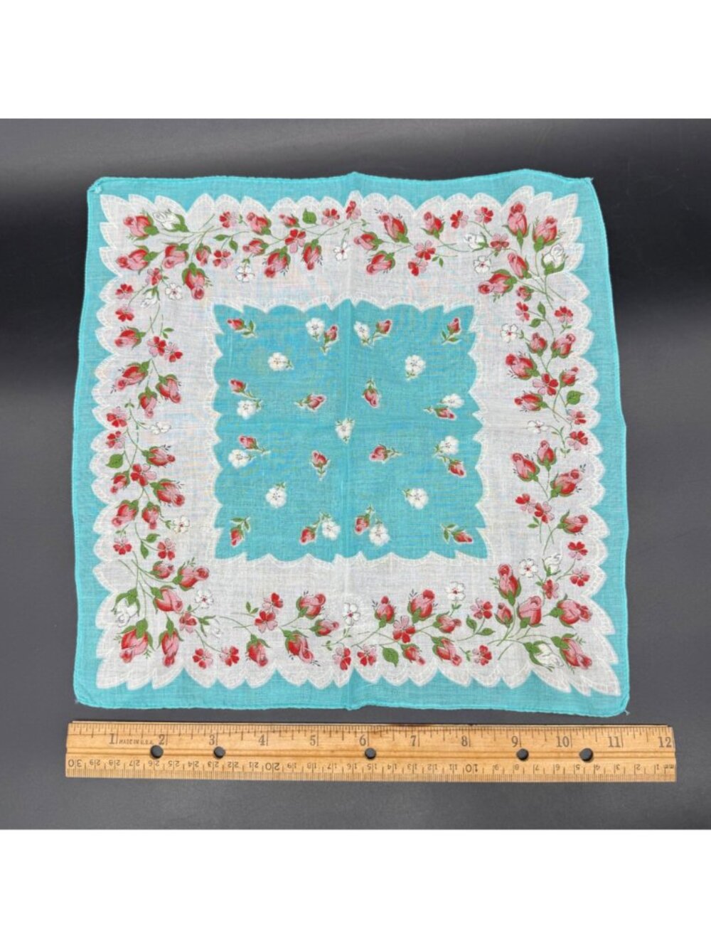Vintage Floral Handkerchief Teal Red Pink Rose Flowers Cotton Hankie Mid Century - Picture 7 of 7